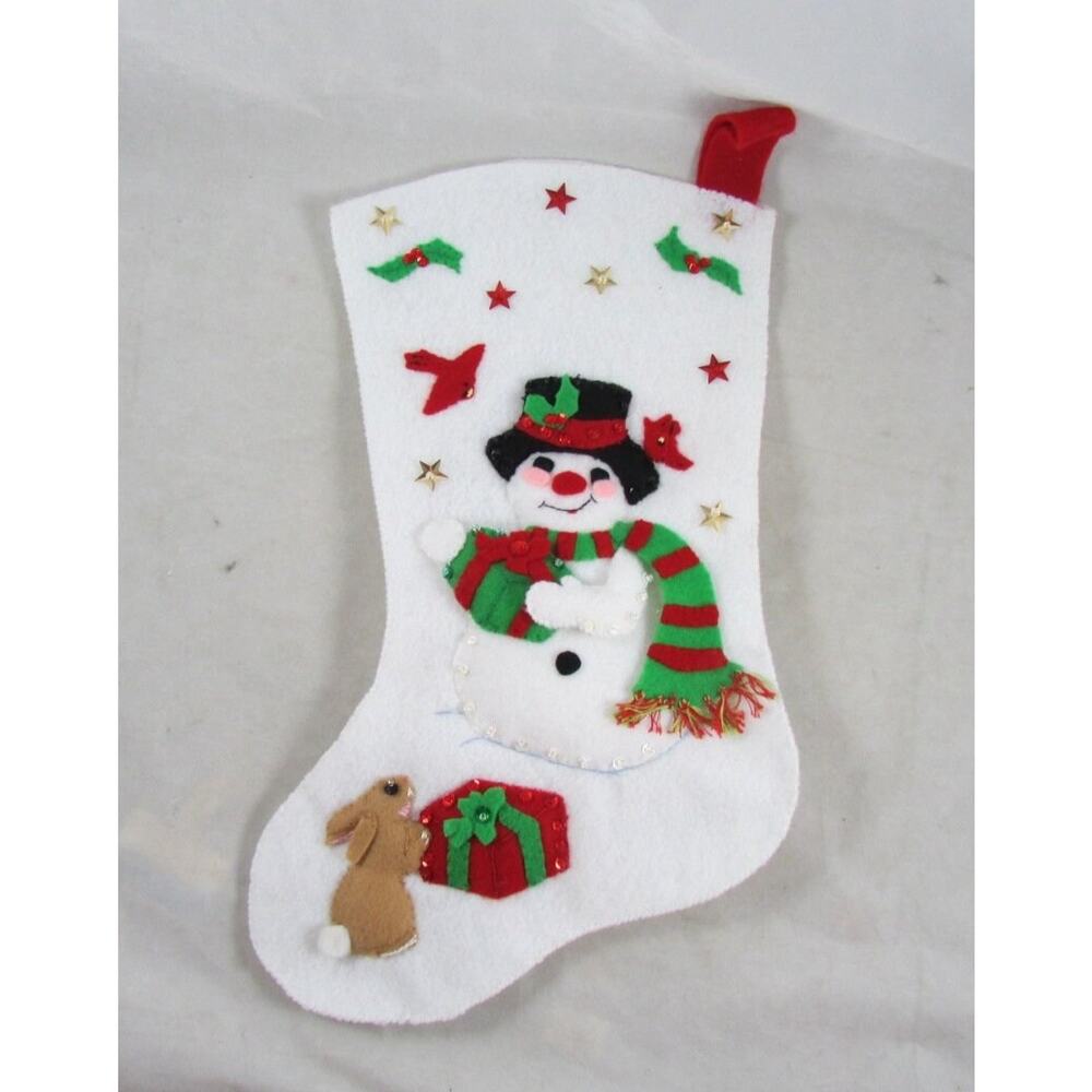 Felt Applique Christmas Stocking Snowman Bunny Cardinals Birds Handsewn Vintage